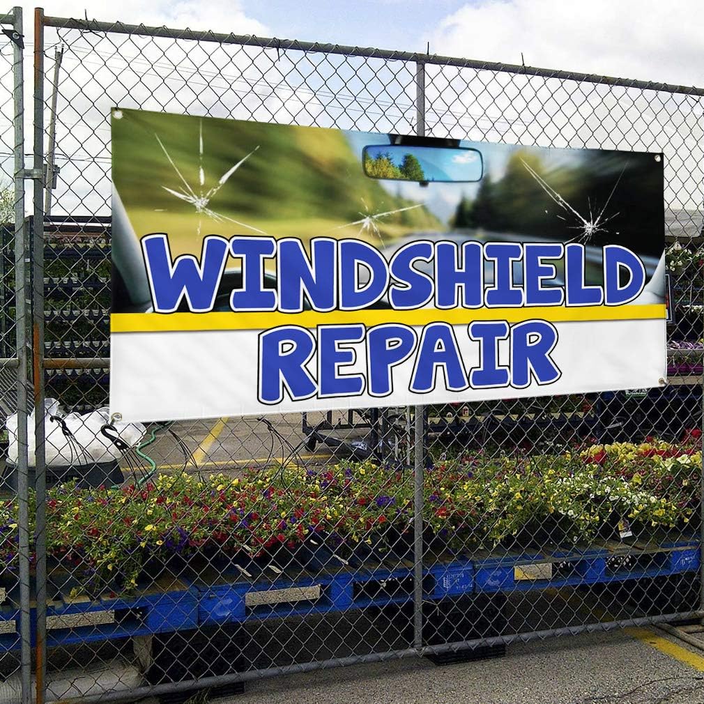 Vinyl Banner Multiple Sizes Windshield Repair Advertising Printing Automotive Outdoor Weatherproof Industrial Yard Signs Blue 4 Grommets 16x40Inches