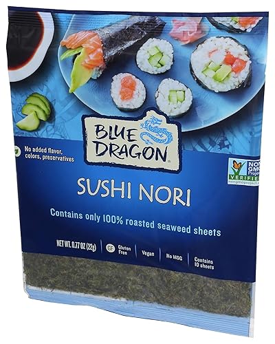 Blue Dragon Sushi Nori 10 sábanas completas por paquete 077 onzas paquete de 1 100 de algas asadas sin gluten apto para veganos