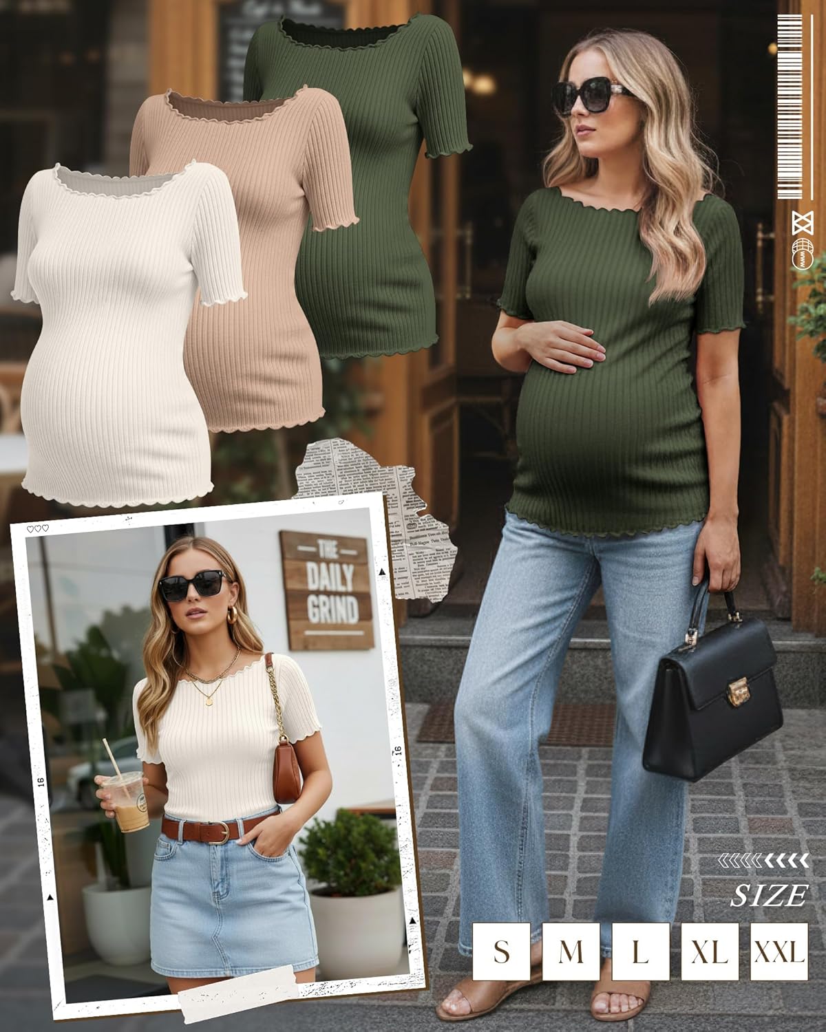 3 Pack Women's Maternity Ribbed Shirts Cotton Short Sleeve Pregnancy Tops Boat Neck Lettuce Trim Mama Clothes - Image 3