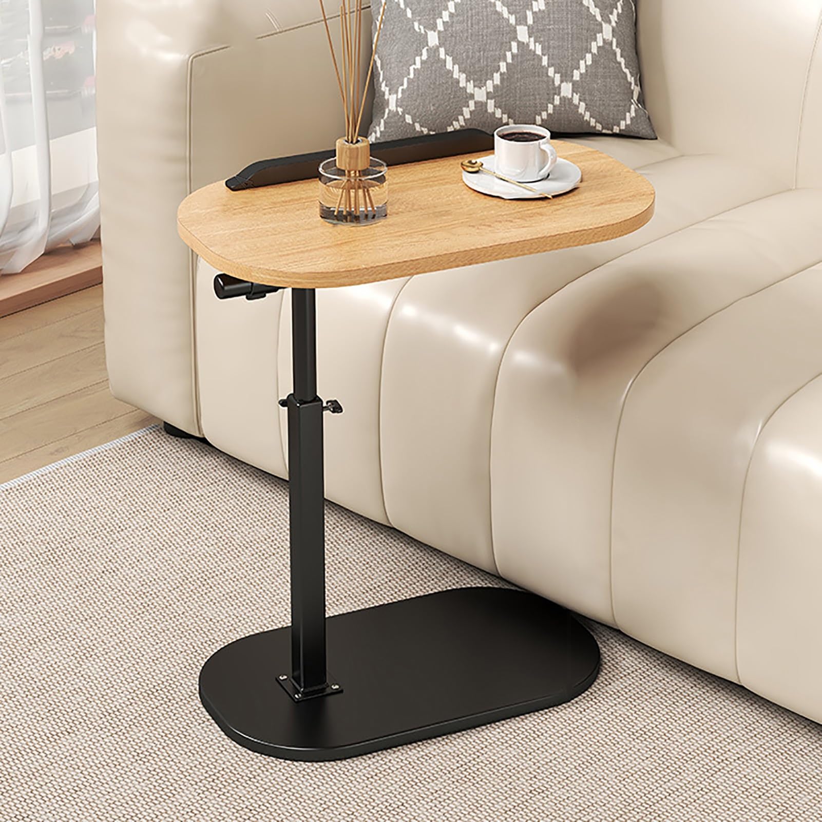 Mesa auxiliar de altura ajustable 2024, mesa auxiliar abatible con giro de 360° para sofá, cama, portátil y bañera, diseño moderno de madera negra