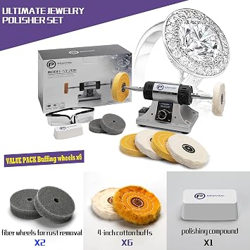 Jewelry Polisher - Adjustable Variable Speed Bench Grinder Polishing & Buffing Machine, Dental Buffer & Lathe - Includes 6 Cloth Wheels, 2 Abrasive Fiber Wheels, Safety Glass, Polish Compound