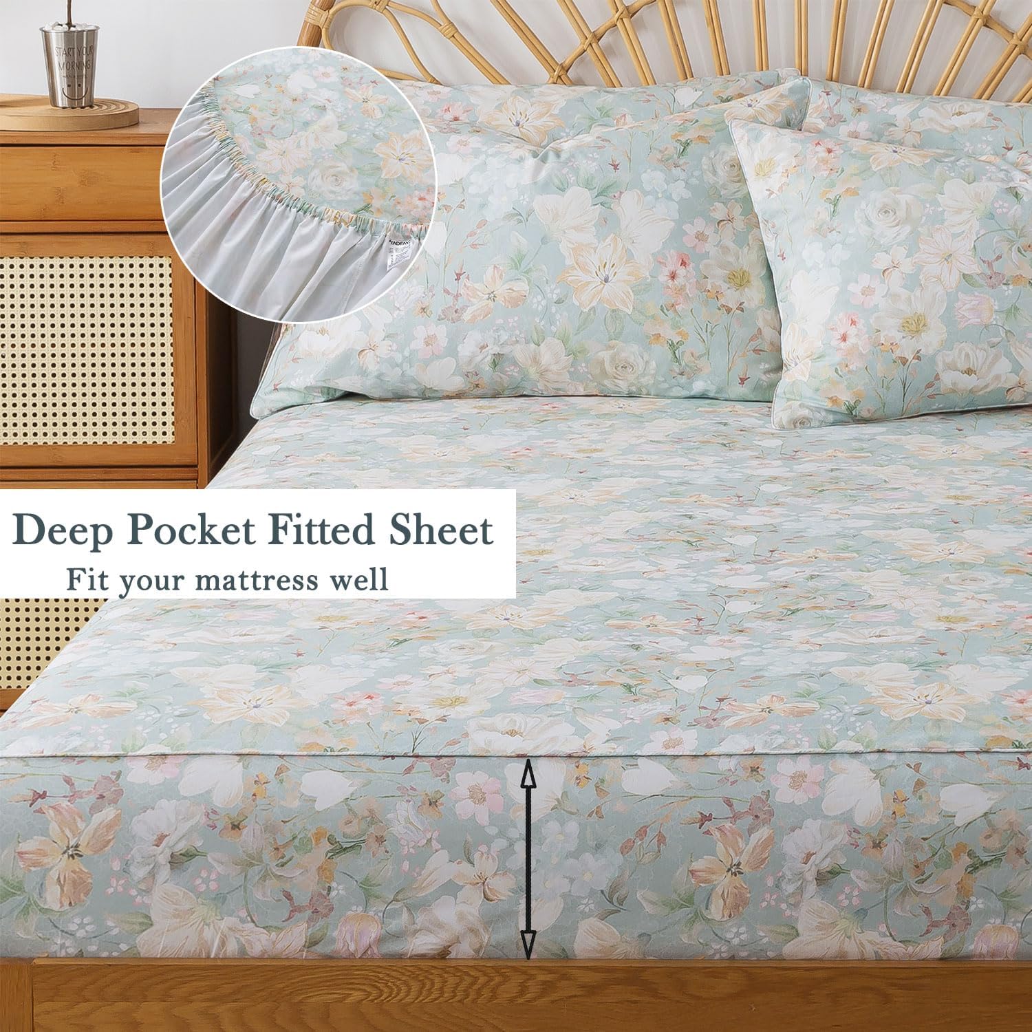 FADFAY Floral King Sheets Set, 100% Cotton Percale Bed Sheets 4-Piece Set, Deep Pocket Fitted Sheet, Soft Crisp Breathable Vintage Shabby Chic Bedding