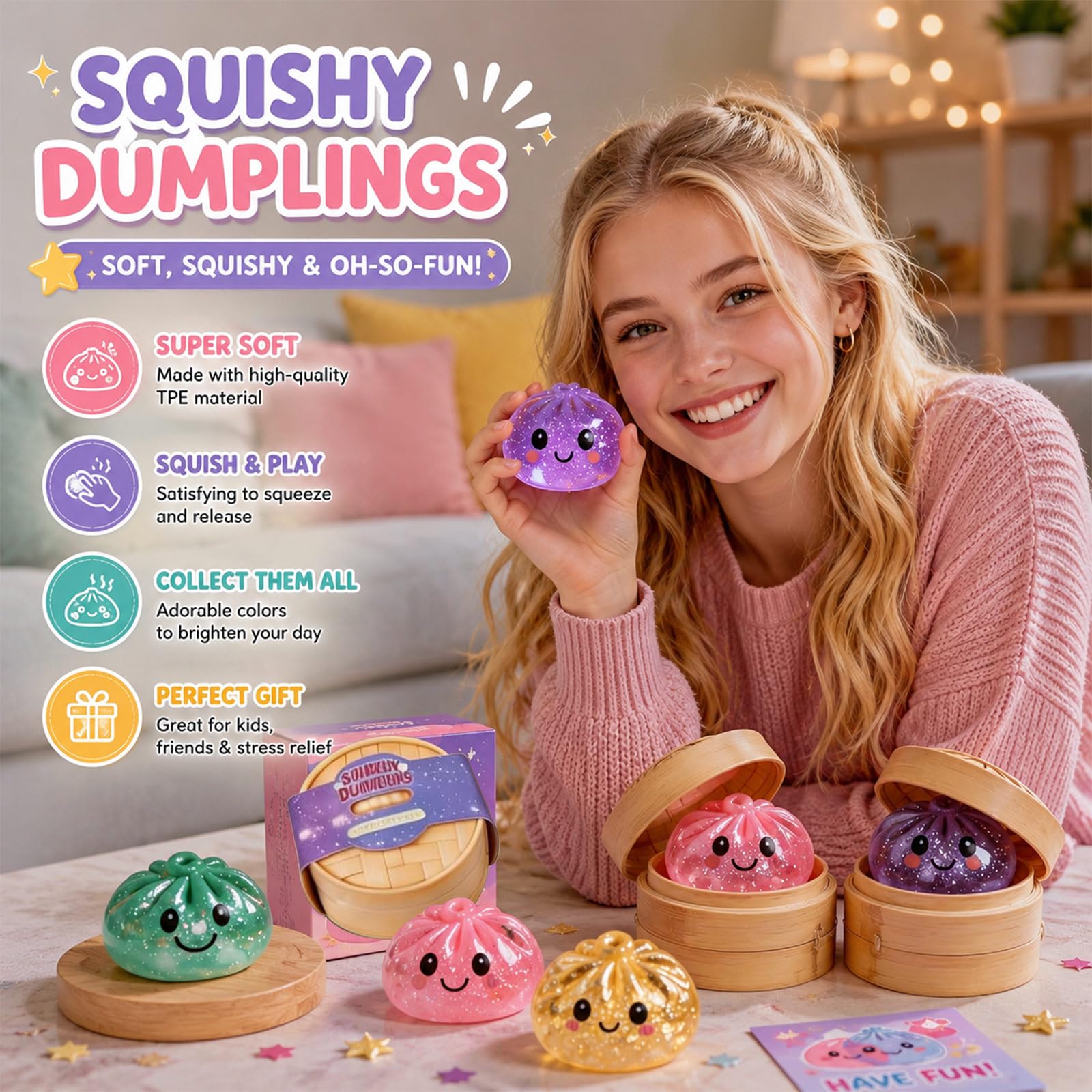 Set di 12 dumpling squishy glitterati, a forma di gnocchie, Squishy Dumplings Mystery Box, giocattoli sensoriali scintillanti, giocattoli flessibili in TPR Fidget con confezione per cottura a vapore