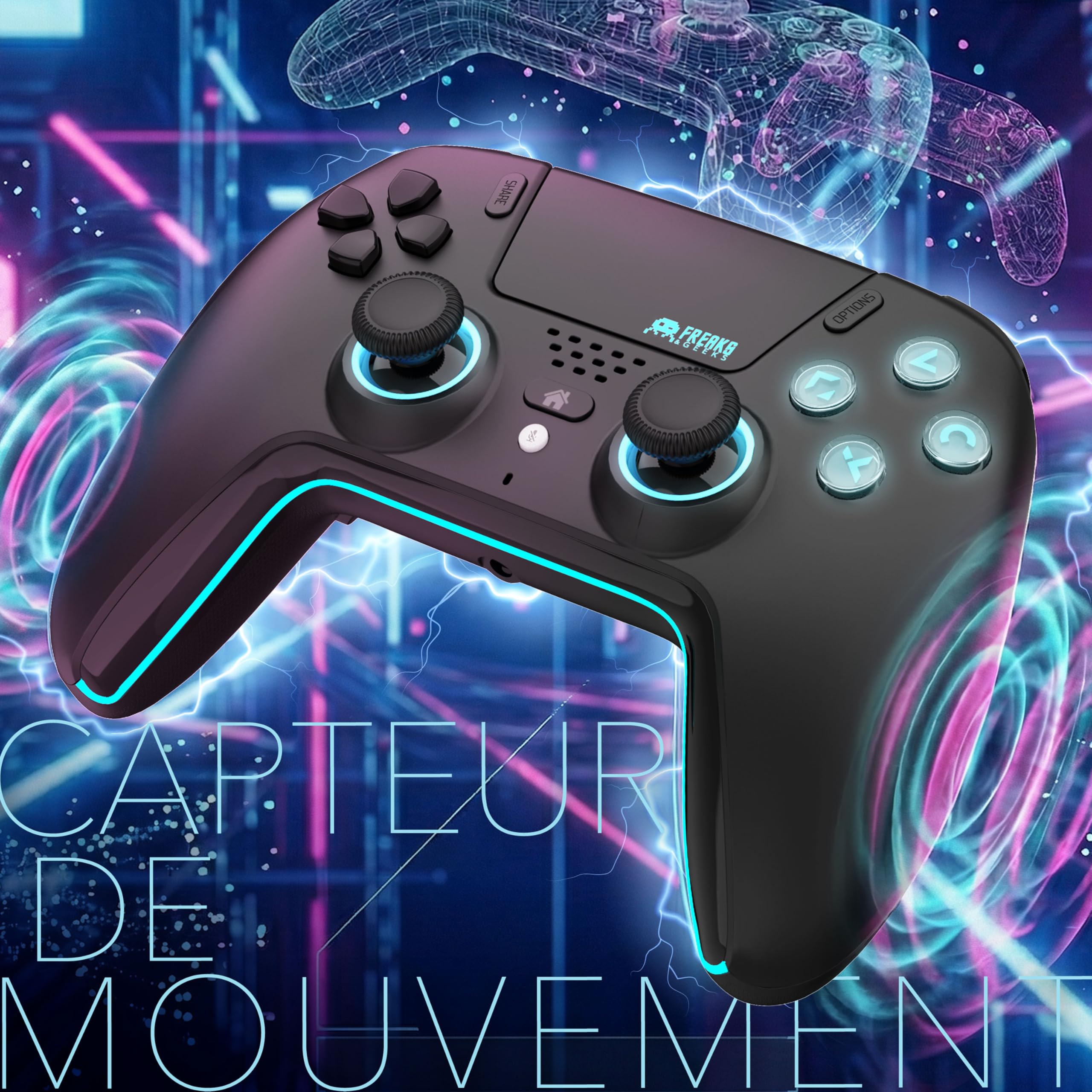 Freaks and Geeks-Mando Bluetooth para PS5 LED (Negro)