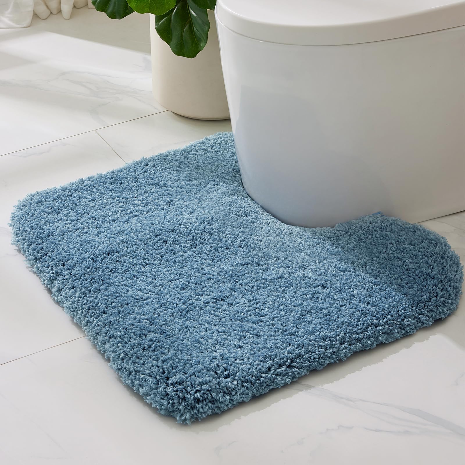 ILANGO Blue Toilet Rugs U Shaped 22" × 24" Non Slip & Super Absorbent Extra Thick Soft, Washable Bath Mats for Bathroom Floor, Microfiber Plush Shaggy