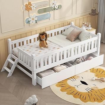 GDFStudio Twin Size Platform Bed Frame with Guardrail and 2 Drawers, Solid Pine Wood Low Profile Bed Frame, No Box Spring Needed, Modern Space-Saving Bedroom Furniture, White