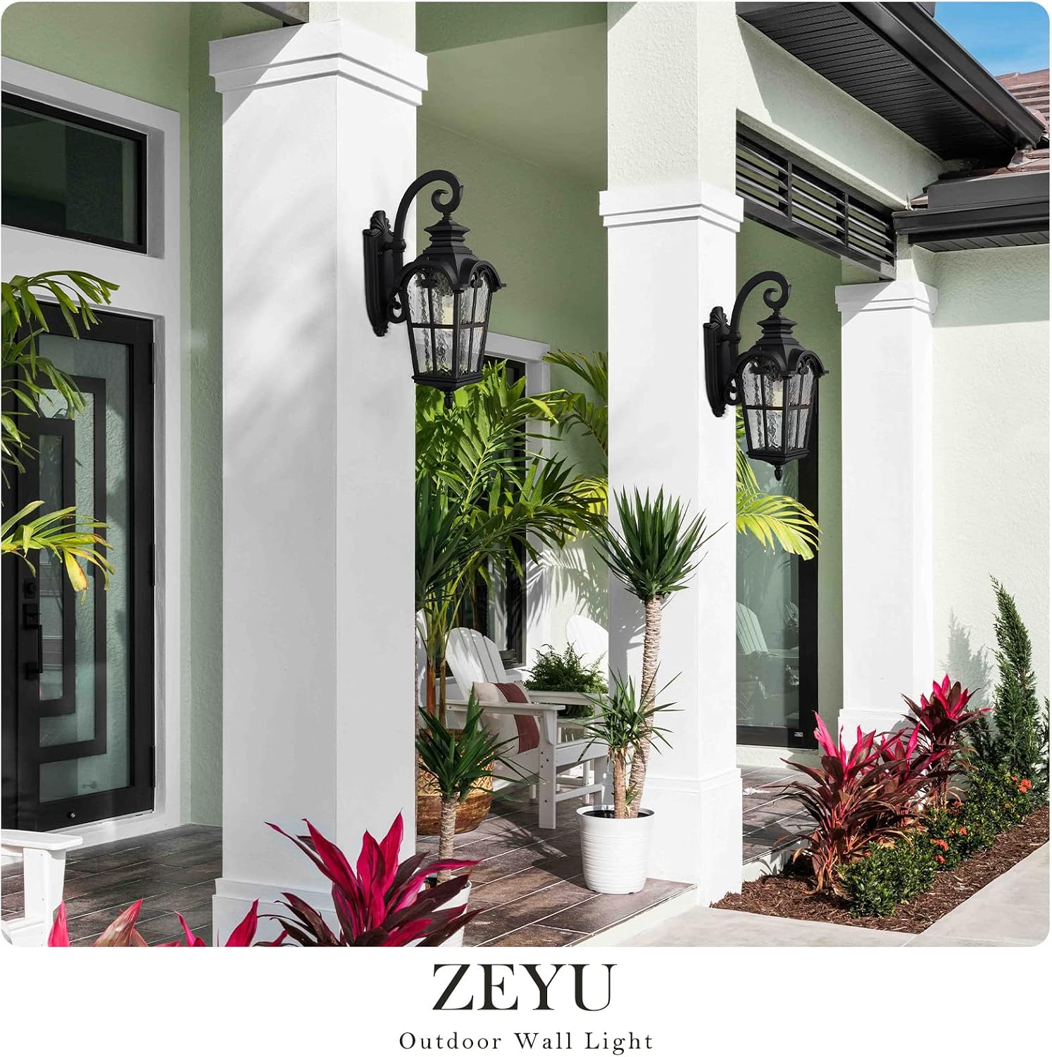 zeyu Large Outdoor Wall Light Fixtures, Modern Farmhouse Exterior Wall Lantern Sconce, Die-Cast Aluminum with Water Ripple Glass Shade, Black Finish, ZW42BM BK