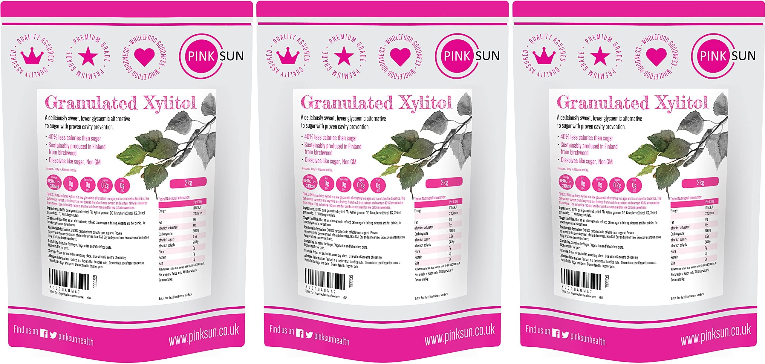 PINK SUN Xylitol Sweetener 6kg (2kg x 3) Bulk Sugar Replacement Granules Substitute Alternative Crystals from Birch Tree Vegan Vegetarian Gluten Free Diabetic Low Carb Non GM Finland