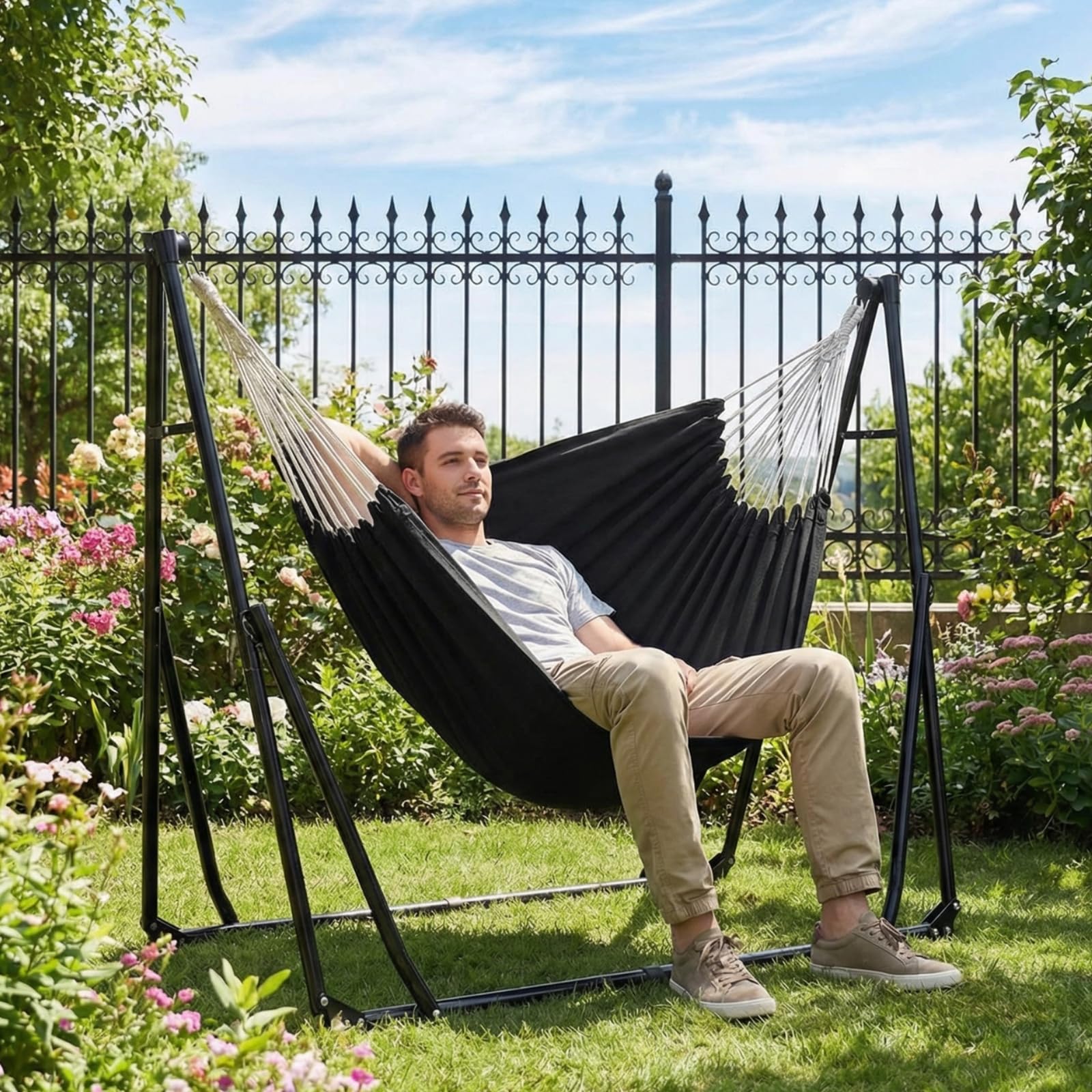 Clevich Hängematte mit Gestell, Outdoor Hängematte, Faltbar, Verstellbar, Stabiler hängematte Gestell, 231x89cm, Bis 200 kg, für Garten Balkon Camping Indoor, Tragetasche, Mehrfarbig (Schwarz)