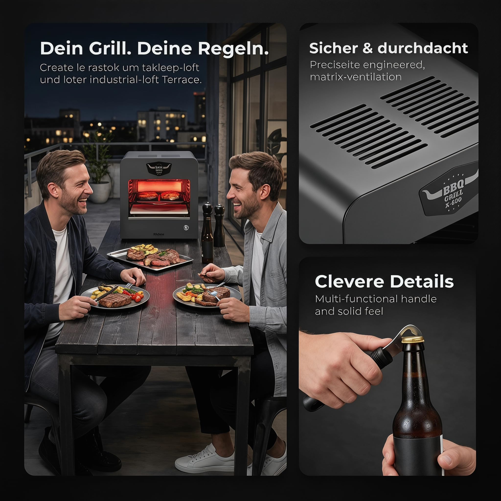 Trisa BBQ Grill X-800 2200W, 800°C Oberhitzegrill, Rauchfrei Indoor Outdoor | 2200W Halogen, 800°C Oberhitze, Pizzastein & Schaufel Inklusive; Grillrost, 2 Auffangschalen, Flaschenöffner