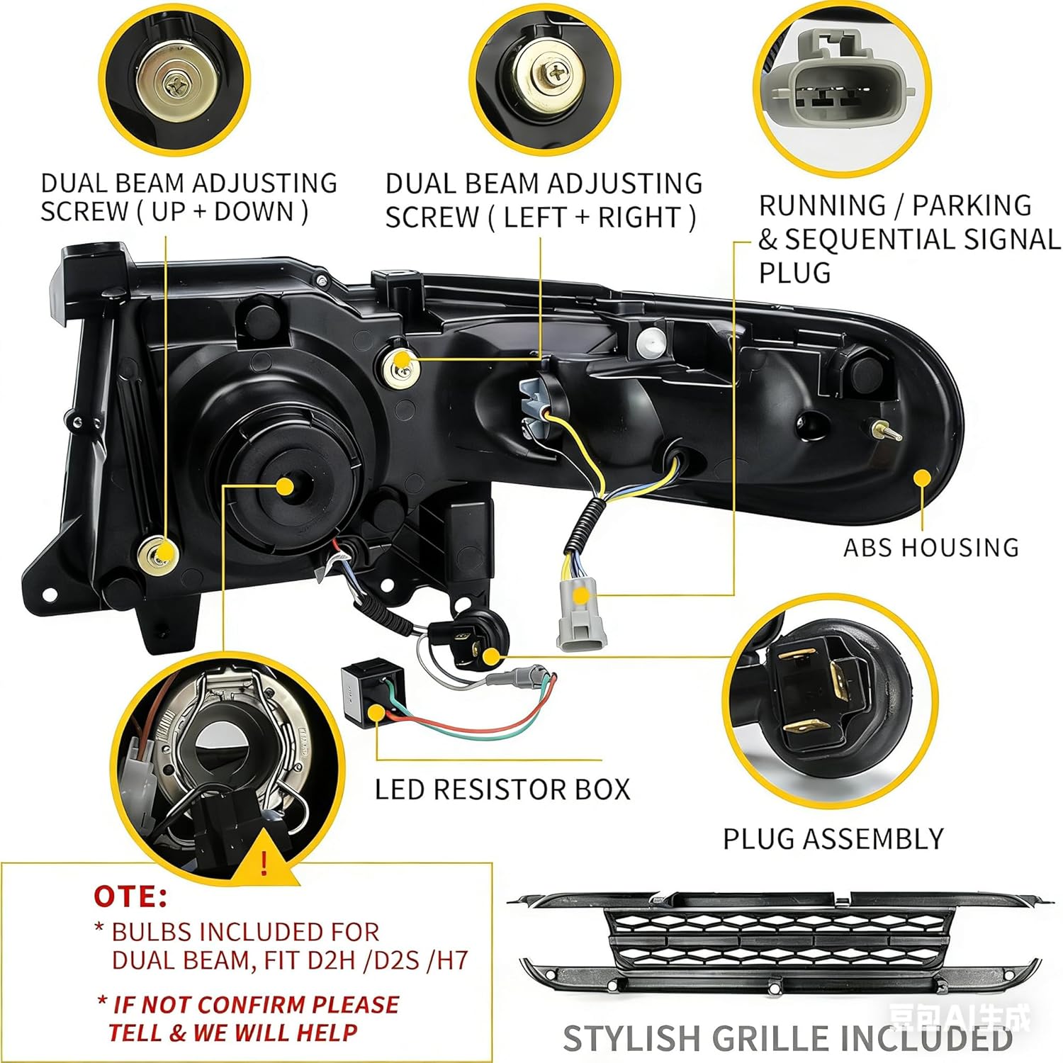 VLAND Dual Beam Projector LED Headlight & Black Bumper Grille & D2S LED light bulbs For Toyota FJ Cruiser SUV 2007-2021 W/Sequential Turn Signal & DRL Bars YAA-FJ-0249A, (Bulbs Included)