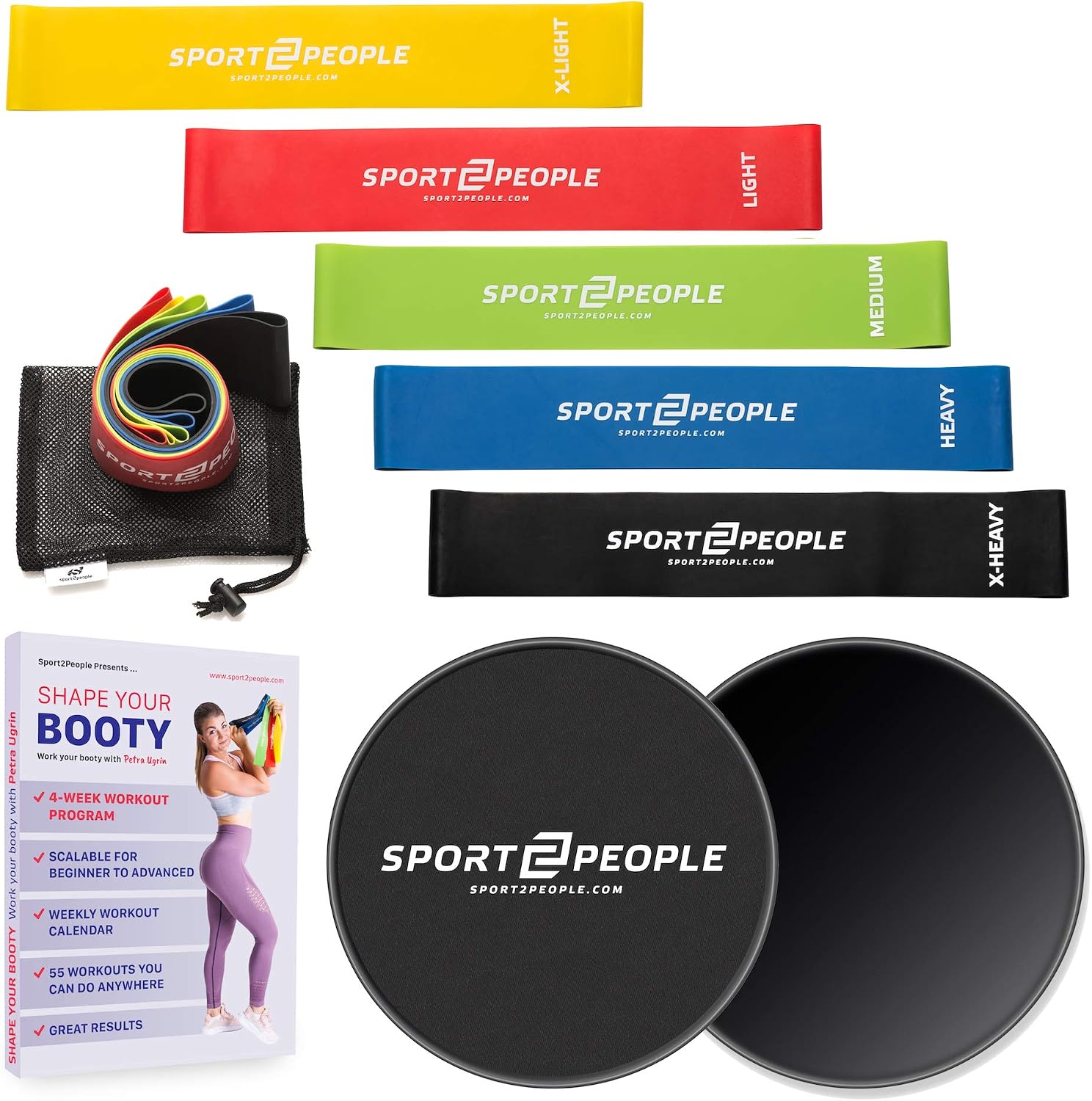 sport2people Core Slider Discs and Resistance Bands Set - Dual Sided Black Glides for Abdominal Workout - with a Free Exercise Ebook for Your Best Strength Training