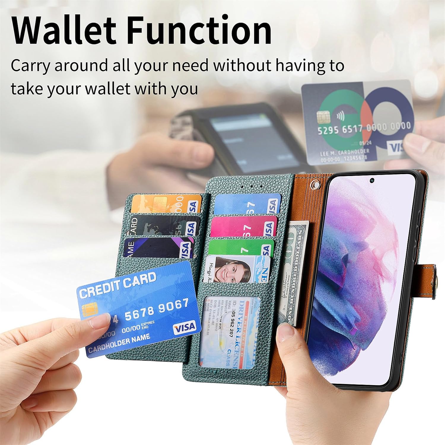 Wallet Case for Motorola Moto G Play (2026), RFID Blocking, Card Slots Holder, Kickstand, Magnetic Clasp Cover, Zipper Cases for Motorola Moto G Play (2026) with Strap-Green image 3