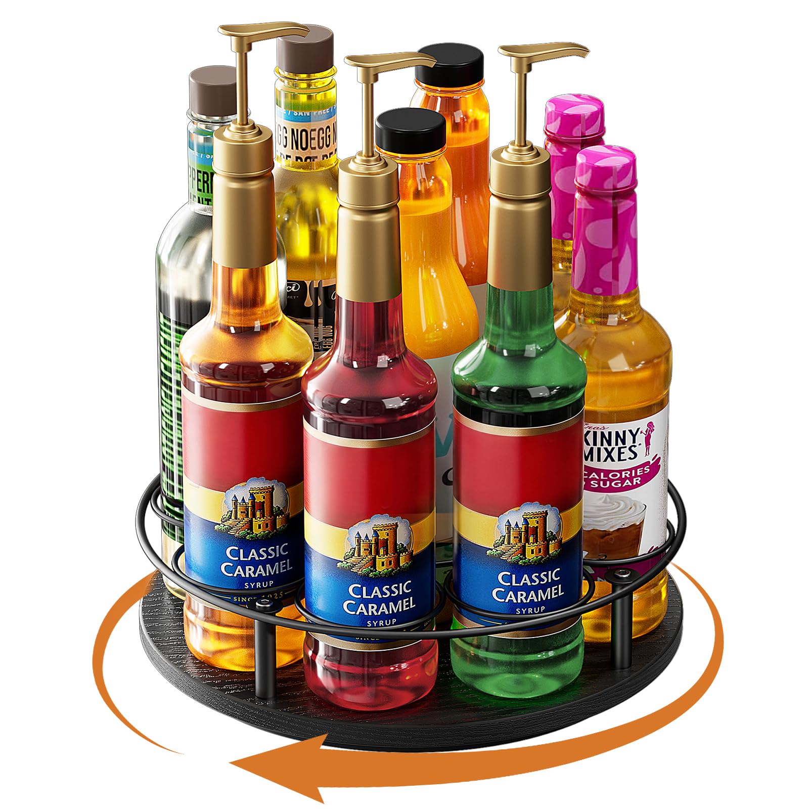 Nuovoware Support Rotatif 9 Bouteilles Sirop Café, Support en Acier au Carbone avec Base en Bois Support pour Bouteilles de Sirop de Café pour Sirops Aromatisés Thermos Liquor de Table, Noir+Noir