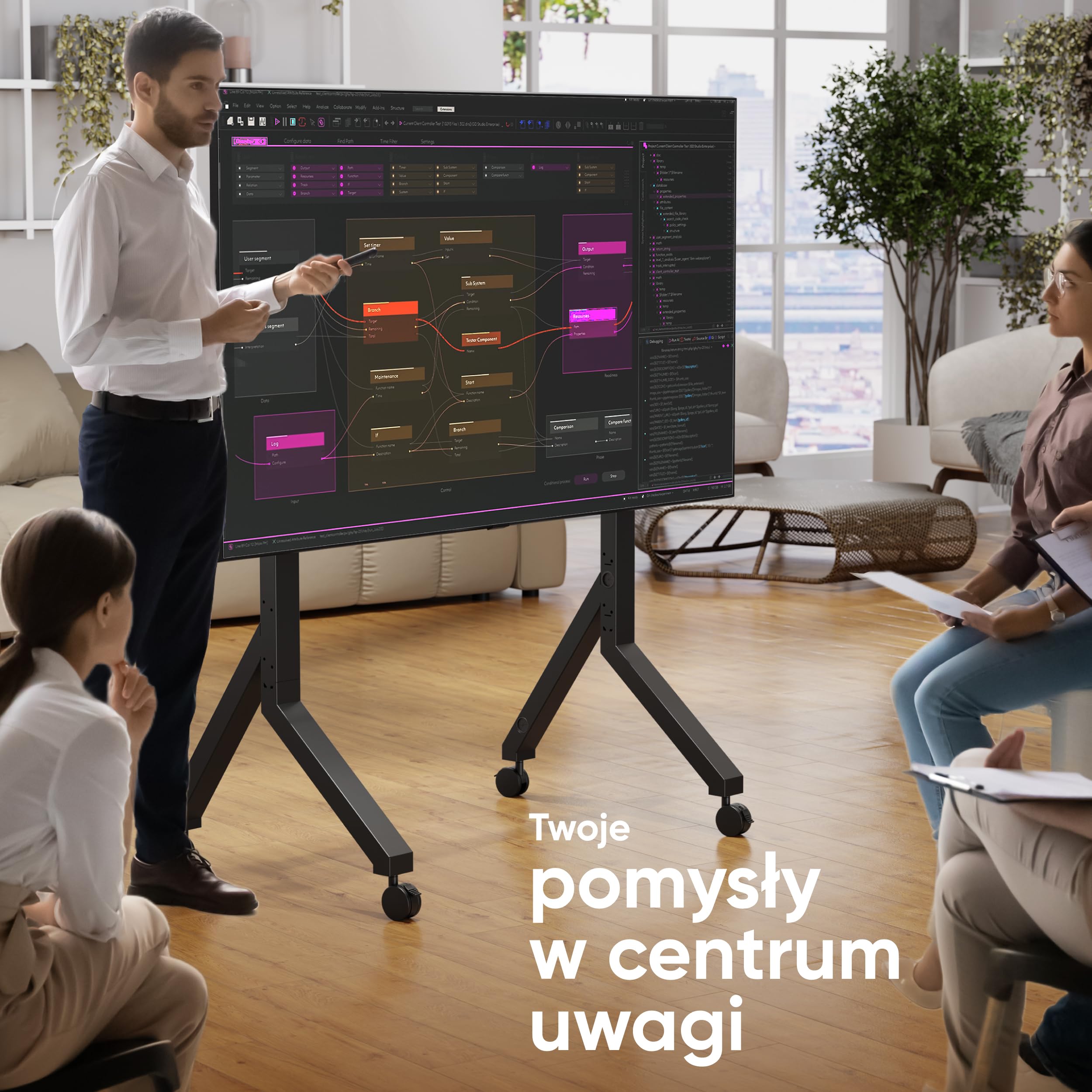 ONKRON Mobilny Stojak TV 70-110 Cali, maks. Nośność 125 kg, Wózek pod Telewizor na Kółkach, VESA 200x200-1000x800 do Dużych Ekranów, Szeroka Podstawa, Półka AV, Czarny TS2081-B
