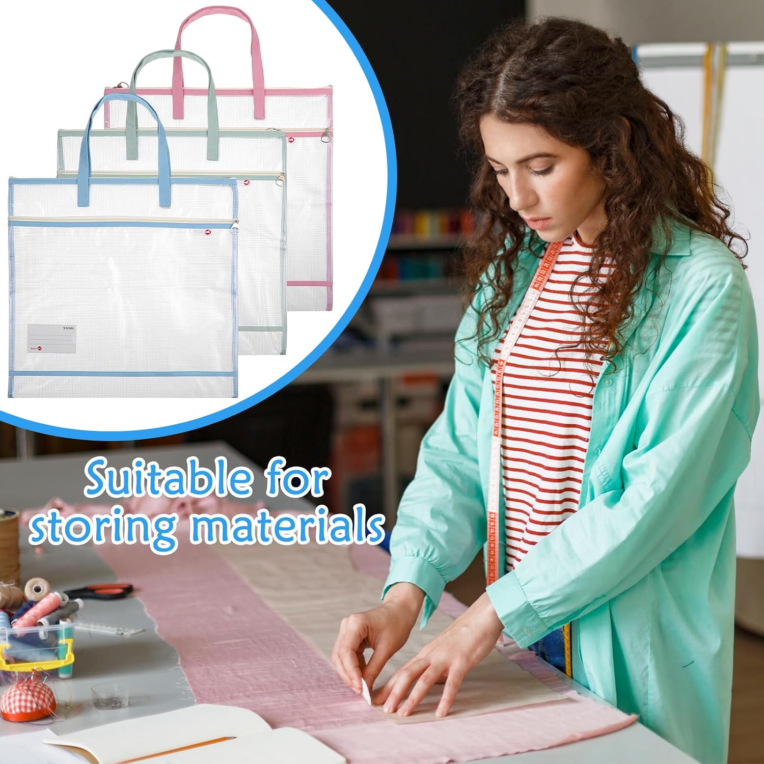 6 Pcs Sewing Project Bag 16.5x16.5 Inch Jumbo Mesh Craft Tote with Pocket, Project Bags for Quilting Knitting Storage, 6 Colors (Light Blue, Light Green, Black, Pink, Purple, Navy)