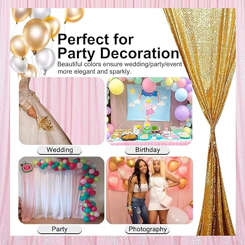 Miniatura 10 de TCBESTO Cortina de telón de fondo de lentejuelas negras y doradas, 4 paneles de 2 x 8 pies, cortinas de fondo con purpurina brillante, telón de