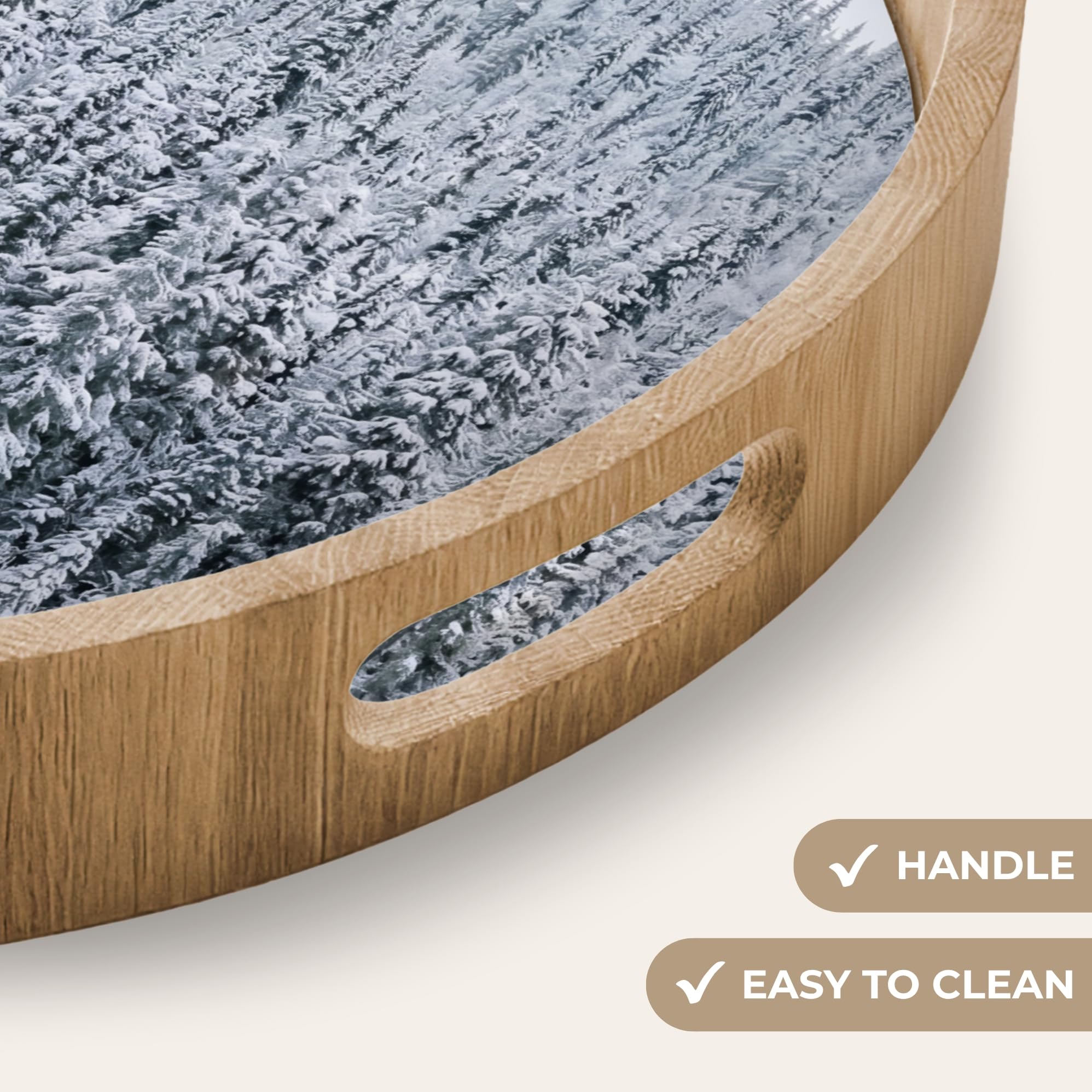 Tablett Rund 50x50 cm Serviertablett rutschfest Griff Küchentablett Servierplatte Eiche Holztablett Hitzebeständig Kaffeetablett Wald - Spiegelung - See - Winter - Gelassenheit