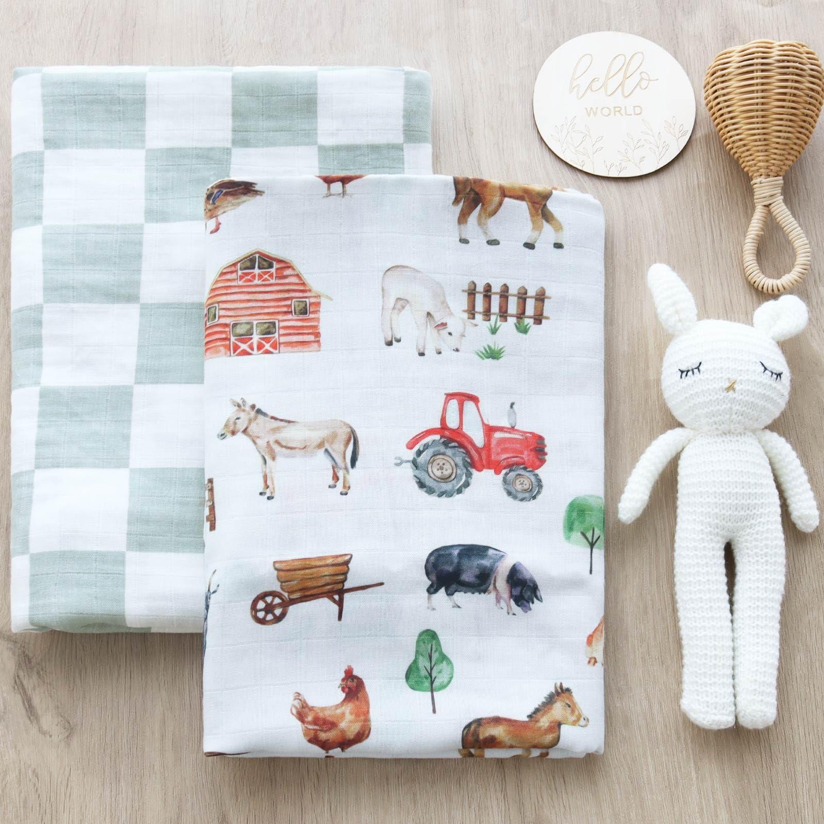 LifeTree Manta de muselina neutral, animales de granja, manta de recepción para niños y niñas, suave 70% viscosa de bambú y 30% algodón, grande, 47 x 47 pulgadas
