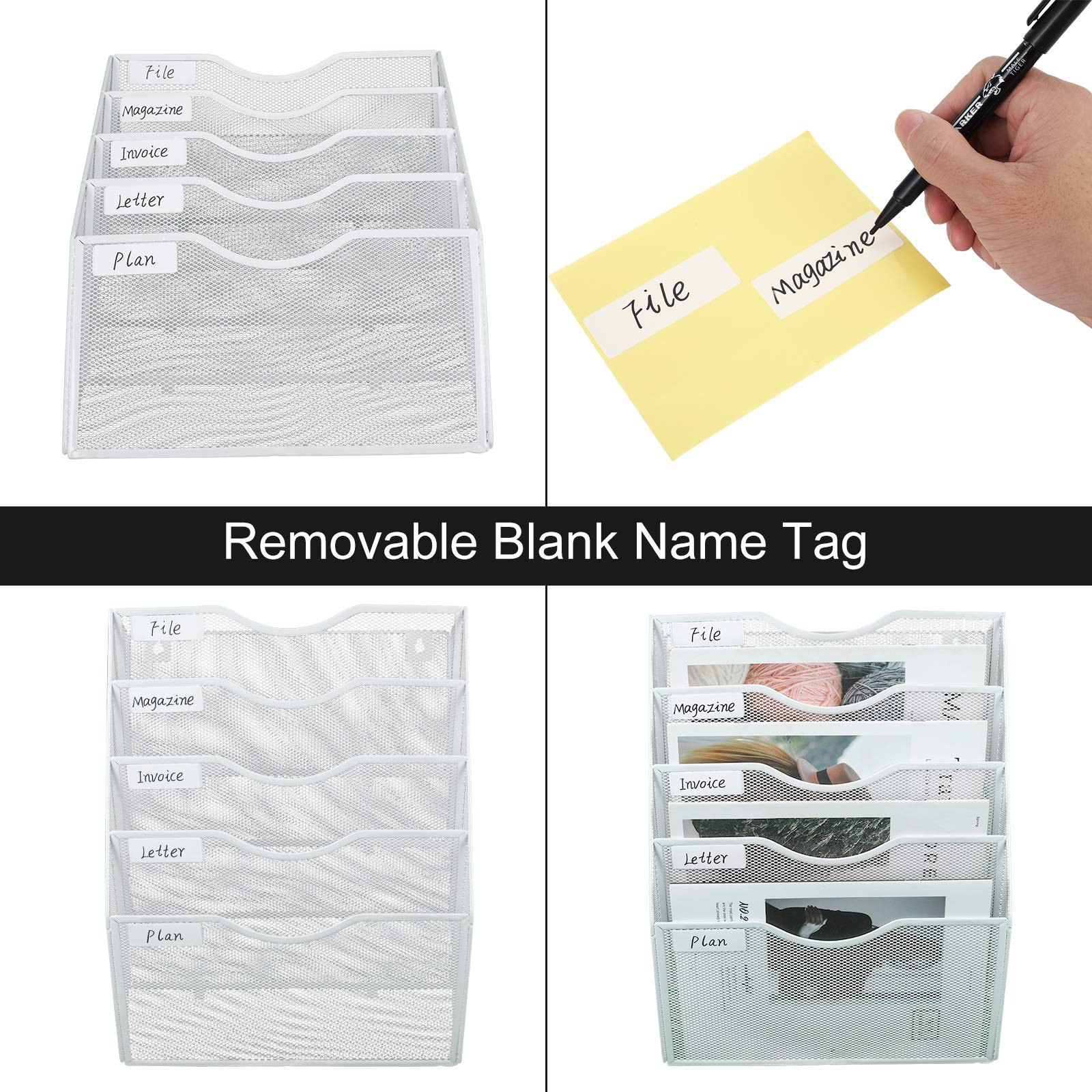 PAG Hanging Wall File Holder Mail Organizer Wall Mount Document Letter Rack, 5-Tier, White