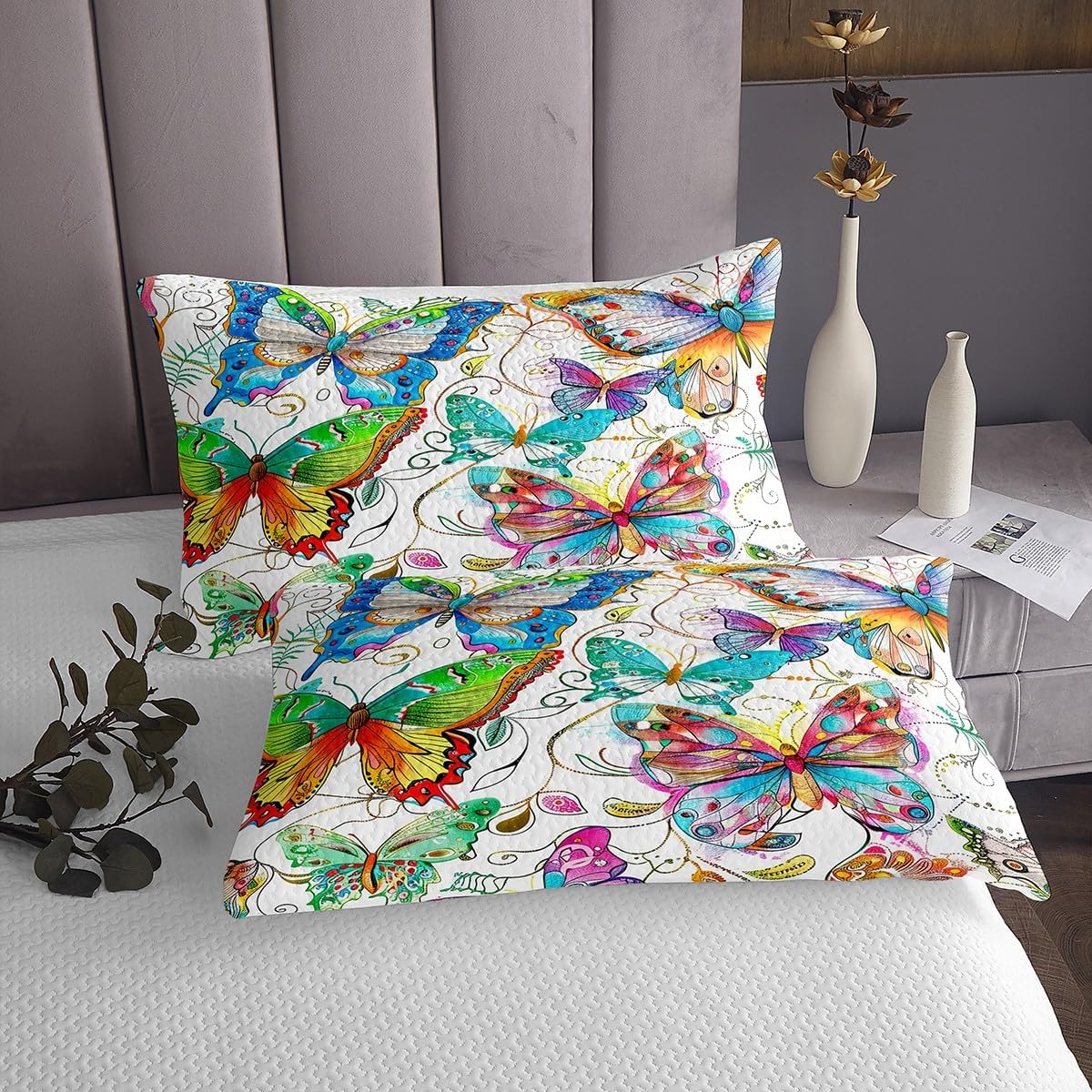 Boho Floral Quilted for Bedroom, Bright Blossom Bedspread, Botanical Coverlet Set Colorful Flower Bedspread Quilt Set, Watercolor King Size