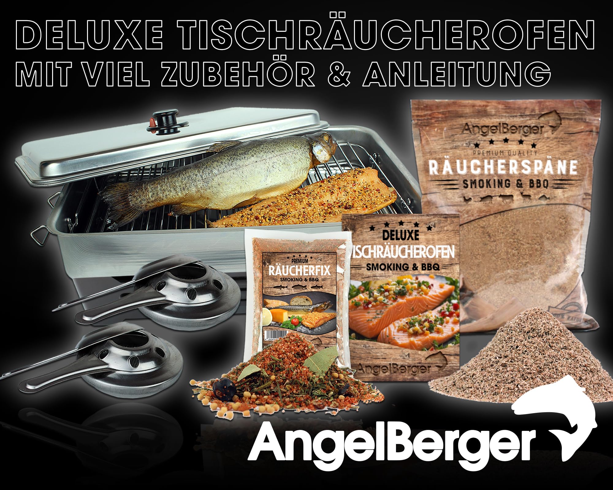 Angel-Berger Deluxe Tischraeucherofen mit Zubehoer Edelstahl Smoker Räucherofen mit Räuchermehl Räucherlauge Räucheranleitung Räucherset