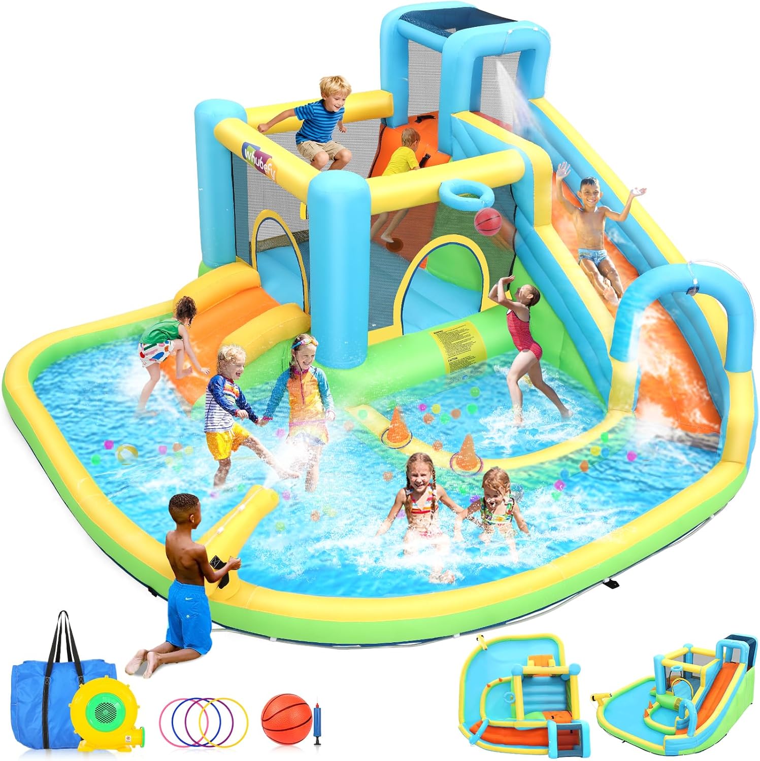 AKEYDIY Inflatable Bounce House Water Slide for Kids 3-12 Backyard, Outdoor/Indoor Bouncy House Water Park with Dual Slides, Climbing Wall, Water Gun, Ring Toss, Boxing Game (with 550W Blower)