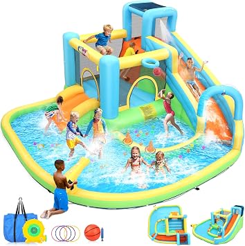 AKEYDIY Inflatable Bounce House Water Slide for Kids 3-12 Backyard, Outdoor/Indoor Bouncy House Water Park with Dual Slides, Climbing Wall, Water Gun, Ring Toss, Boxing Game with 550W Blower