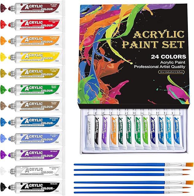 YUHENGLE Acrylic Paint Set, 24  Rich Pigment Colors, 6 x Art Brushes Paint with Bonusfor Painting Canvas, Clay, Ceramic & Crafts, Best Gift for Women Girls Kids
