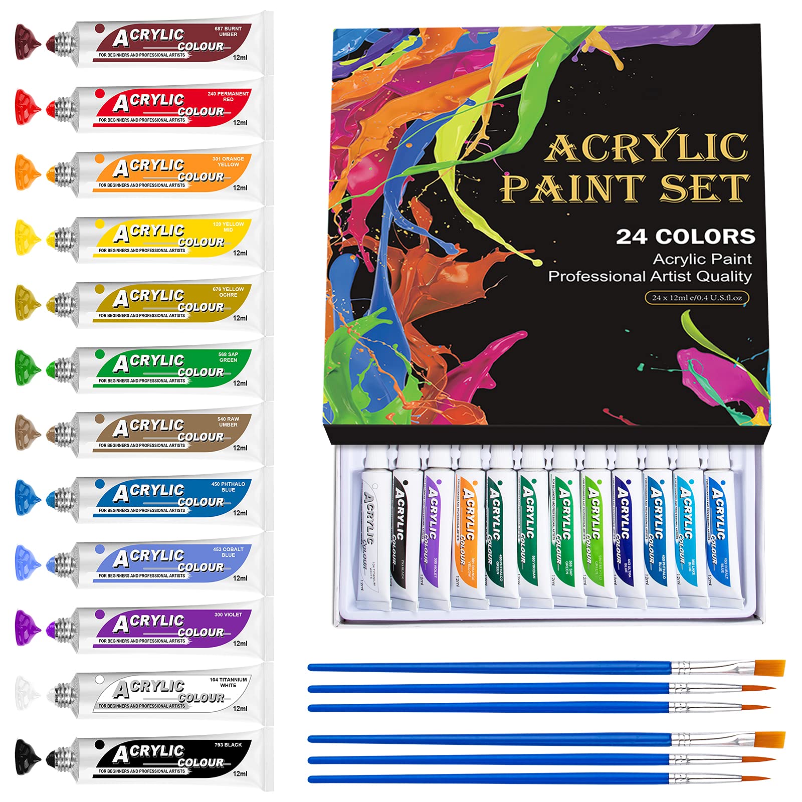 YUHENGLE Acrylic Paint Set, 24 х Rich Pigment Colors, 6 x Art Brushes Paint with Bonus–for Painting Canvas, Clay, Ceramic & Crafts, Best Gift for Women Girls Kids