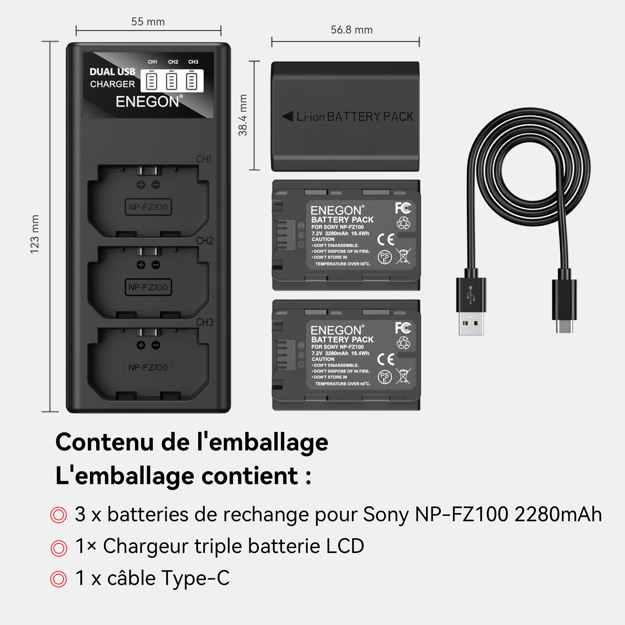 ENEGON Batteries NP-FZ100 (3×2280mAh) avec Chargeur 3 emplacements et écran LCD, compatibles Sony A7III, A7IV, A7C/A7C R, A7R III/IV/V, ZV-E1, FX3, FX30, A1, A6600, A6700, A9/A9 II
