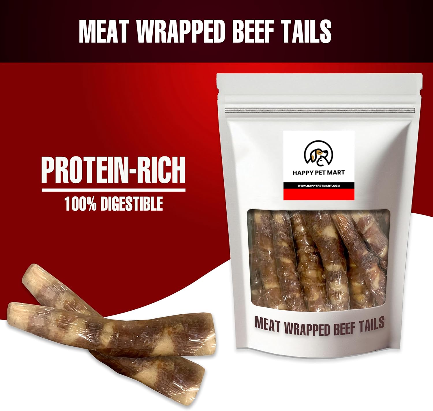 Natural Dog Treats - Meat-Wrapped Beef Tails (Pack of 20, Meat Wrapped Beef Tails)