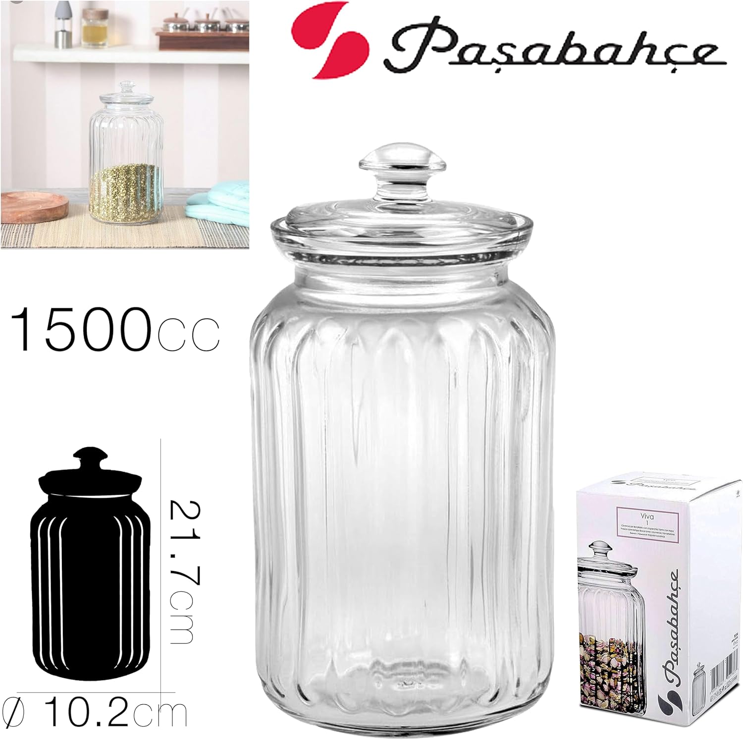 Paşabahçe Viva Jar with Glass Lid, 1500cc