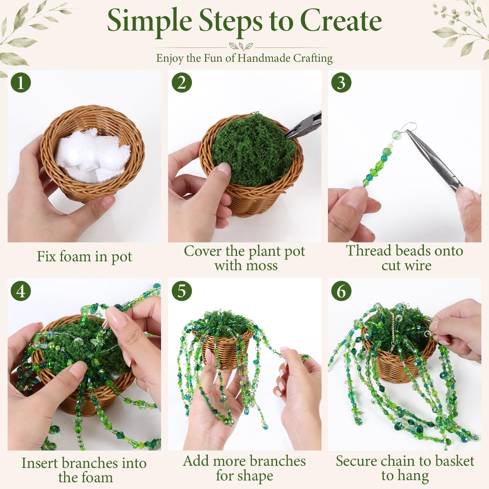 DEMIUKO Kit di perline di vetro verde per realizzare cesti pensili con
