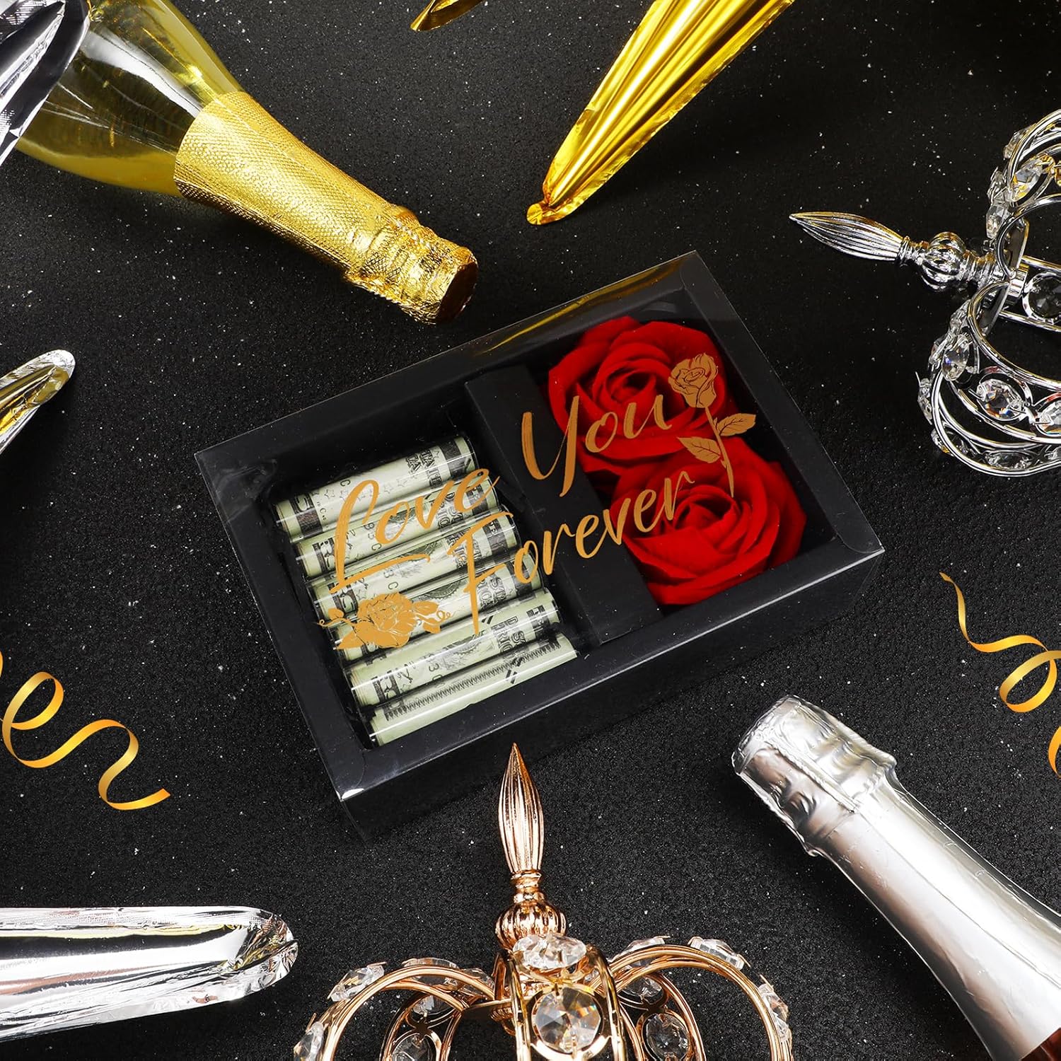 CroBlissful Valentine's Day Money Box for Cash Gift Money Gift Box for Cash with 2 Velvet Rose Flower 6 Acrylic Tubes for Women Girlfriend Wife Anniversary(Love You Forever) - Image 5