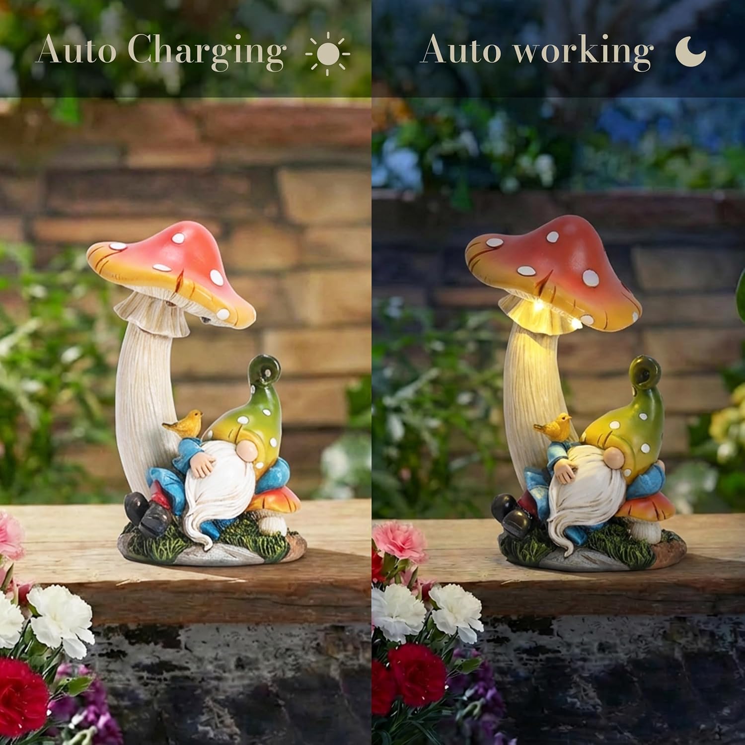 TERESA'S COLLECTIONS Garden Decor, Garden Gnome Resting Under Mushroom, Gnomes Decor, Solar-Powered Resin, Waterproof Garden Decor, Garden Gifts for Mom,Indoor/Outdoor,7.5"