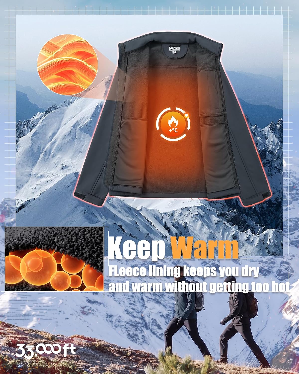 33,000ft Men's Waterproof Softshell Jacket Fleece Lightweight Windbreaker image 5