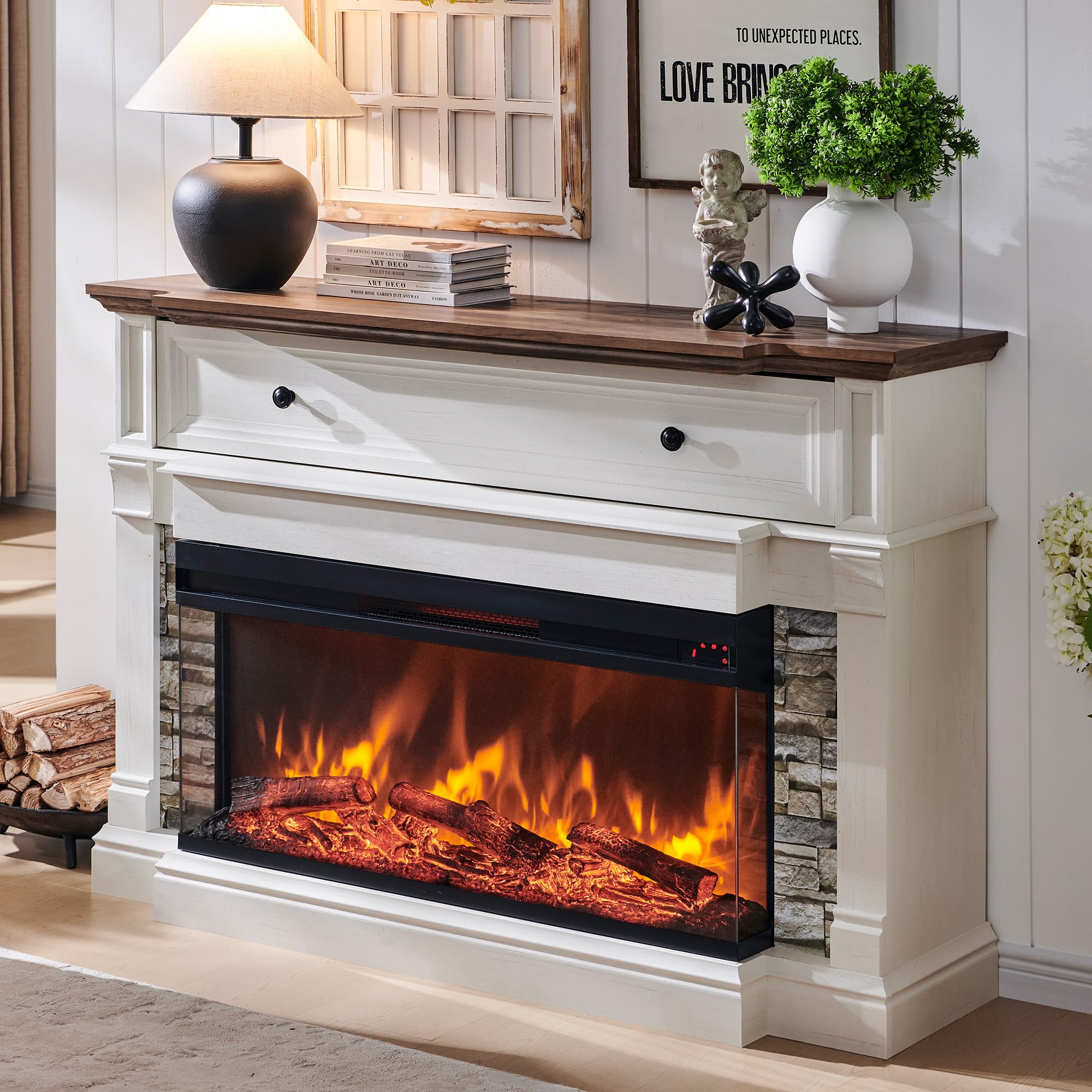 OKD 52 Inch Electric Fireplace with Mantel in Antique White