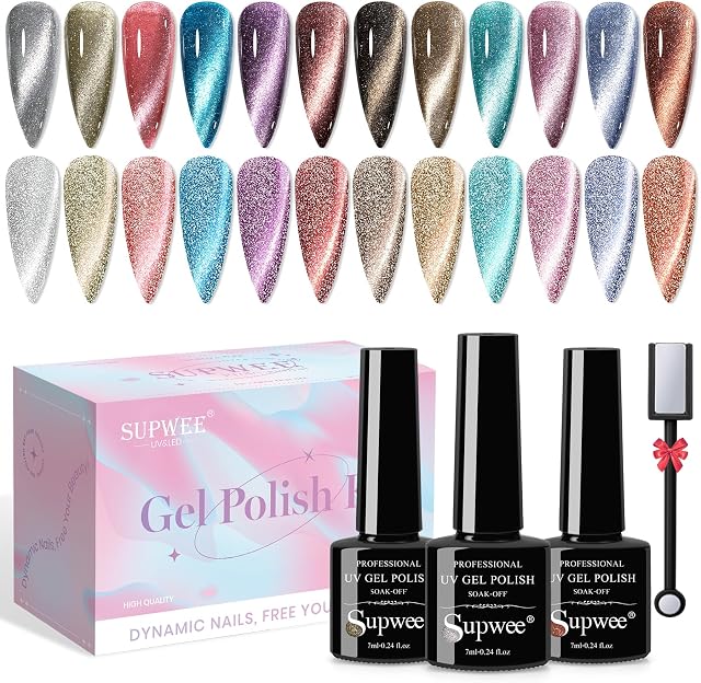SUPWEE Reflective Cat Eye Gel Polish Kit with Magnet 12 Colors Glitter Holographic 9D Magnetic Nail Polish Gel Cateye Effect Gel Polish for Home DIY Manicure Nail Salon