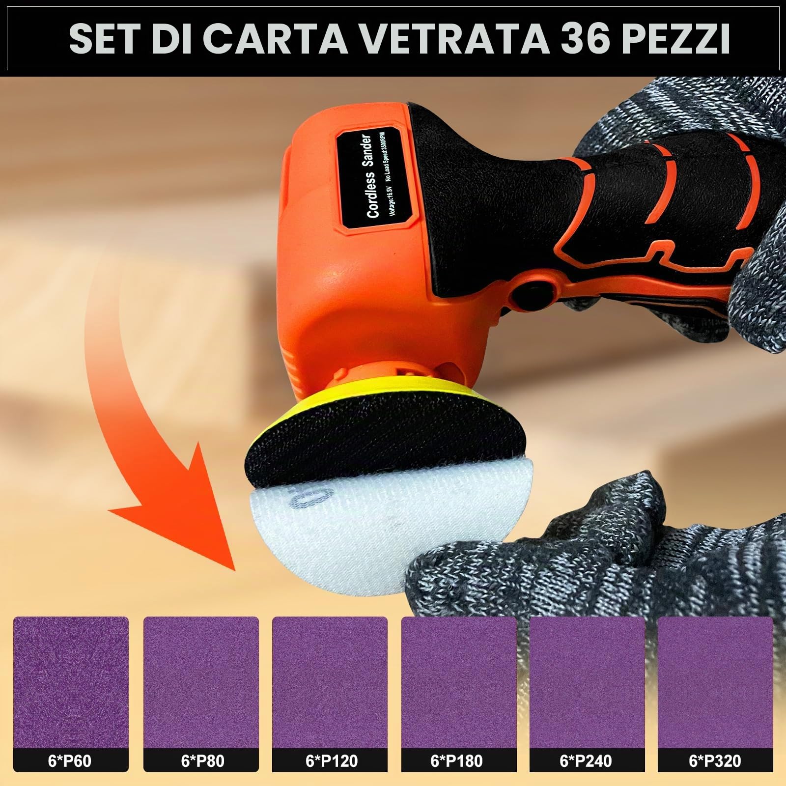Levigatrice elettrica senza fili 16,8V con 36 fogli di carta abrasiva, 3500 giri/min, 2 batterie da 3,0 Ah, design leggero e compatto per legno, metallo, rimozione di vernice e progetti fai-da-te