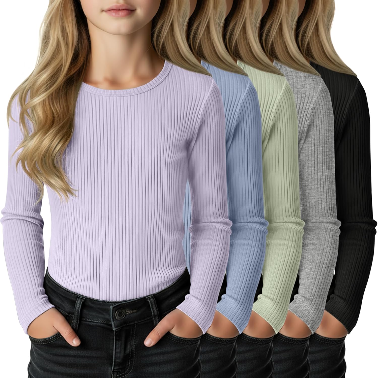 5 Pack Girls' Cotton Long Sleeve Shirts Ribbed Knit Crew Neck Soft Tops Slim Fit Casual T Shirts 5-14 Years