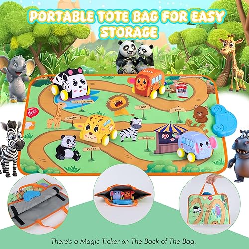 Miniatura 6 de Nuevo juego de vehículo y tapete de música, suave juego de juguetes para bebé con 4 lindos autos de animales y manta de juego táctil, nuevo modo