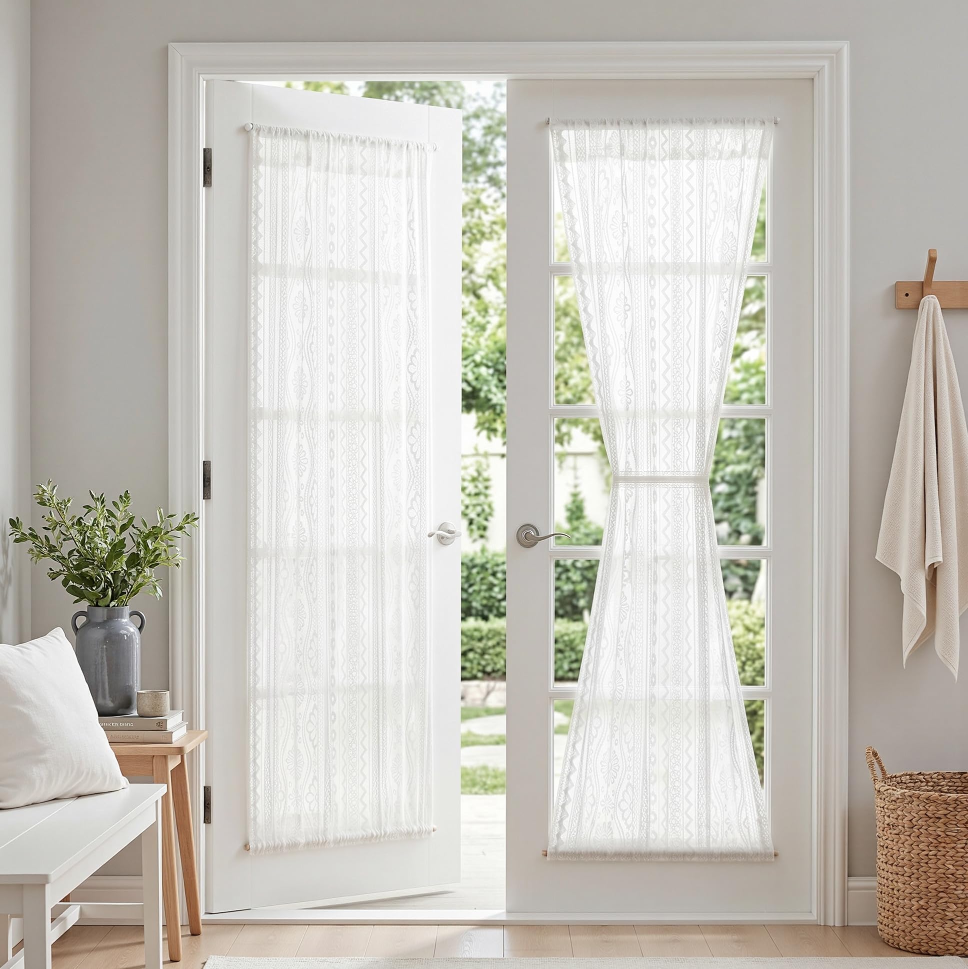 MYSKY HOME White Lace French Door Curtains 72 inch Long 2 Panels Boho Sheer Floral Curtains for Door Window Scalloped Doorway Sidelight Curtains Come with 2 Matching Tie-Backs, 26" Wide Each Panel