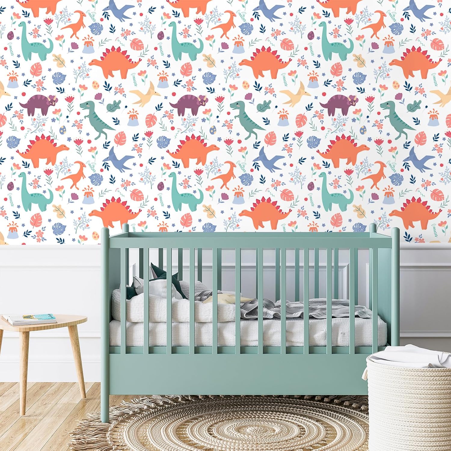 VEELIKE 17.7''x354'' Cute Dinosaur Peel and Stick Wallpaper Tropical Leaves and Floral Wallpaper Removable Kids Wallpaper for Bedroom Nursery Self Adhesive Dinosaur Wall Mural for Playroom Classroom
