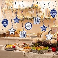 Vista 7 de Serpentinas de remolinos de cumpleaños feliz de 16 años con purpurina azul y plateada - Kit de 15 piezas de remolinos colgantes para el kit