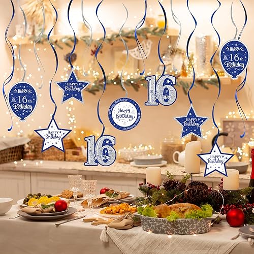 Miniatura 7 de Decoración de fiesta de serpentinas con purpurina azul y plateada de feliz 16 cumpleaños, 15 piezas de 16 cumpleaños, letrero de fiesta de