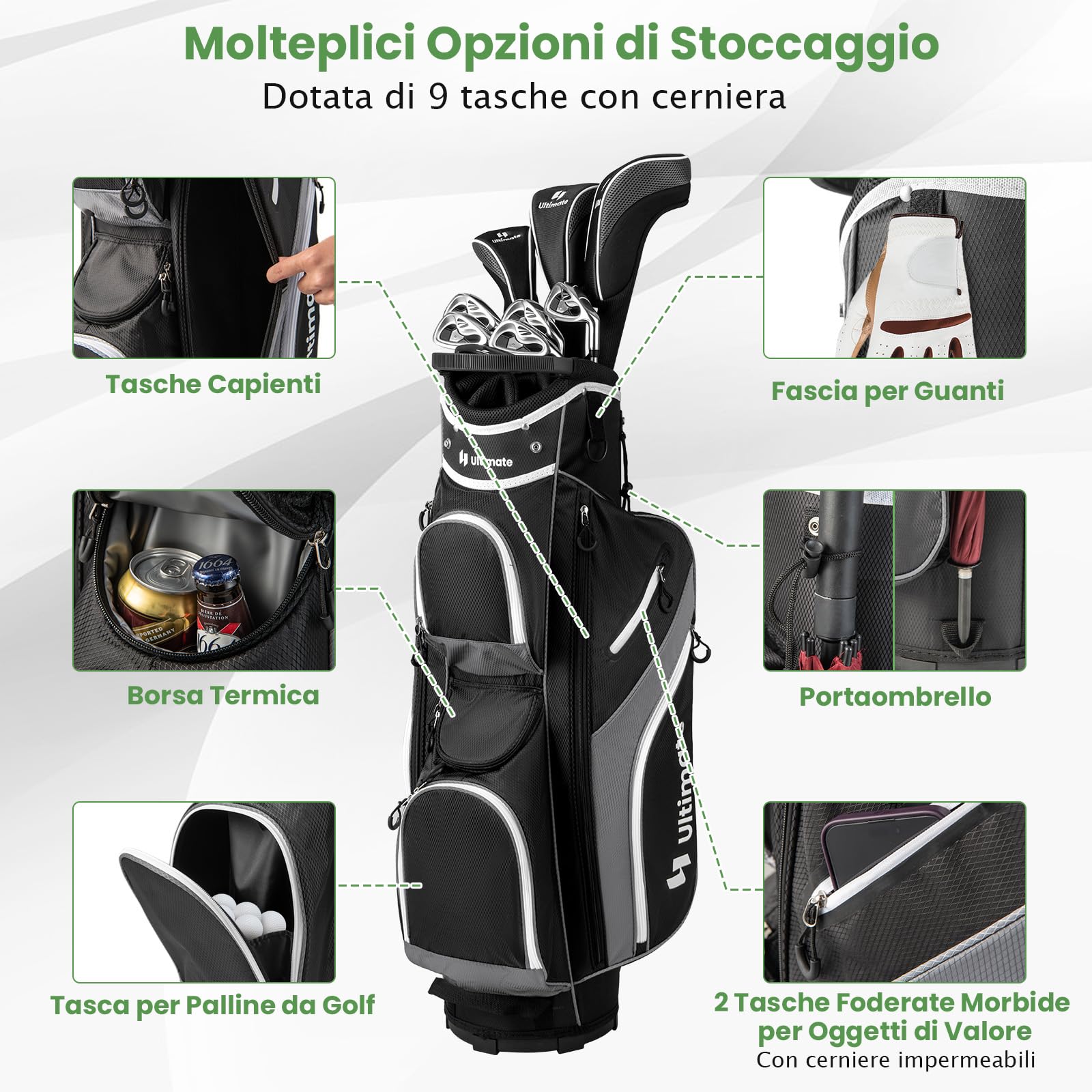 GYMAX Sacca da Golf per Carrello, con Divisori a 14 Scomparti, Borsa Termica, 2 Tasche Impermeabili, Cappuccio Antipioggia Rimovibile, Tracolla Imbottita e Maniglie di Trasporto