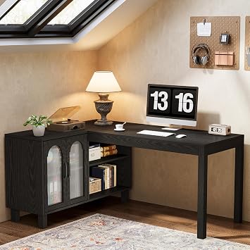 Tribesigns 59-Inch L-Shaped Desk with Storage Cabinet & Open Shelves