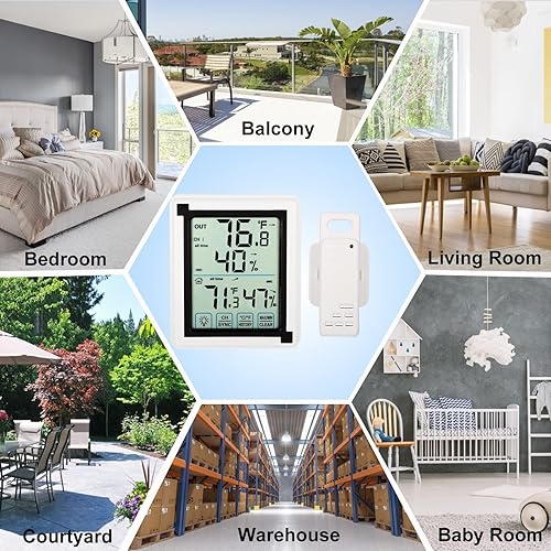 Miniatura 6 de Termómetro para interiores y exteriores, monitor de humedad, higrómetro digital inalámbrico con retroiluminación LCD de pantalla táctil, resistente