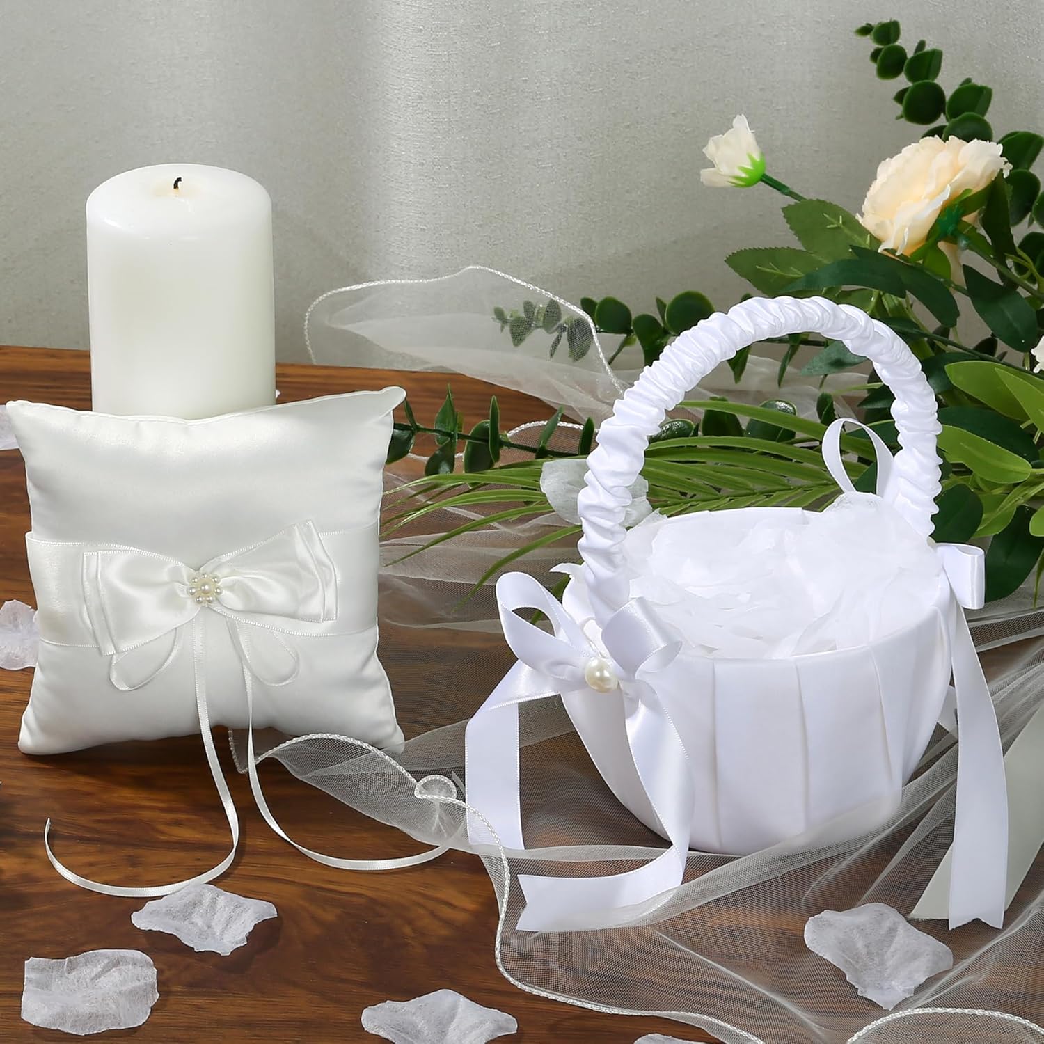 Ring Bearer Pillow - Flower Girl Basket, Wedding Flower Girl Basket and Ring Bearer Pillow Set, 500 Artificial White Ivory Rrose Petals, Fairy Flower Headband, Wedding Ring Pillow for Ceremony